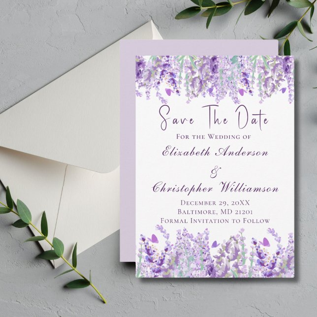 Lavendel Lila Grön Blommig Akvarell Elegant Spara Datumet (Lavender Greenery Watercolor Floral Wedding Save the Date Card Invitation)