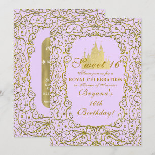 Lavendel Lila & Guld Slott Prinsessa Sweet 16 Inbjudningar