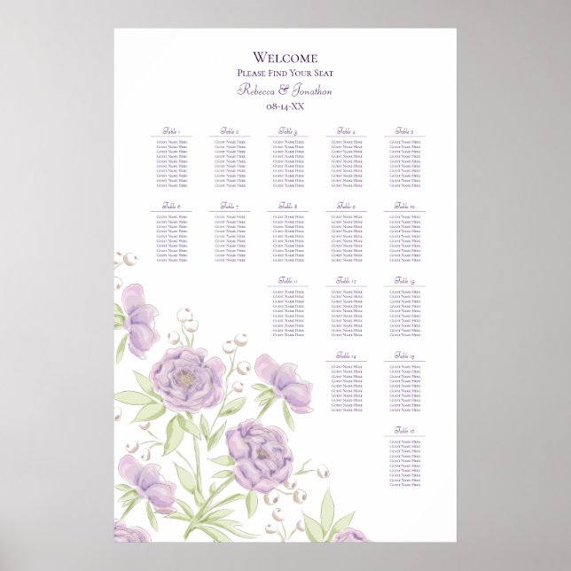 Lavendel Lila Ros Bröllopsplatskarta Poster (Framsidan)