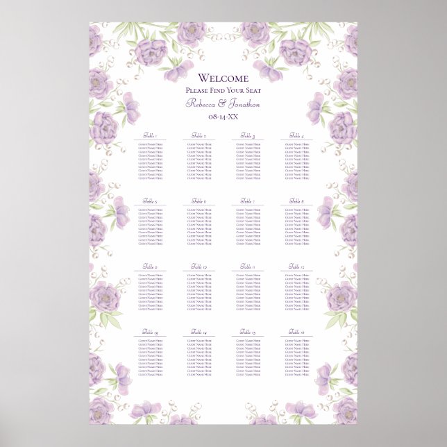 Lavendel Lila Ros Bröllopsplatskarta Poster (Framsidan)