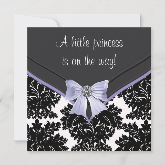 Lavendel Lila Svart Damask Rosett Baby Shower Inbjudningar (Framsida)