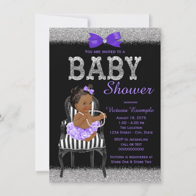 Lavendel Lila Svart Silver Etnisk Flick Baby Showe Inbjudningar (Framsida)