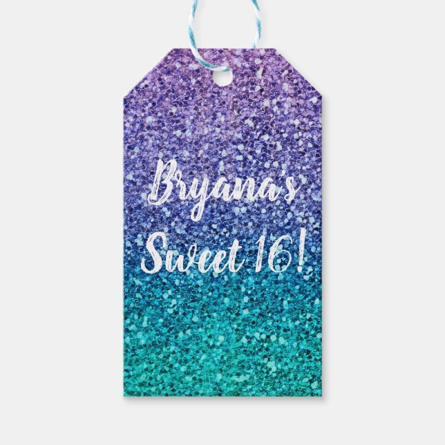 Lavendel Lila & Teal Aqua Grön Glittrig Fest Presentetikett (Framsidan)
