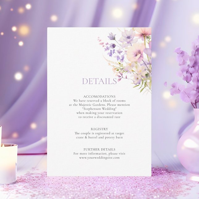 Lavendel Lila Trädgård Vilda Blommor DETALJER Bröl Tilläggskort (Lavender Purple Garden WildFlowers DETAILS Wedding Enclosure Card)