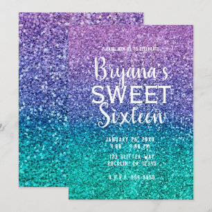 Lavendel Lila & Turkos Akvagrön Glittrig Sweet 16 Inbjudningar