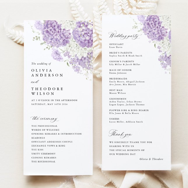 Lavendel Lila Vit Blommig Bröllopsceremoni Program (Lavender lilac hydrangea wedding program card, white floral ceremony program and wedding party card)