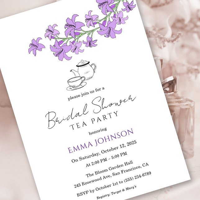 Lavendel Lilja Bröllops Te-Party Inbjudan (Lavender Lily Bridal Tea Party Shower Invitation)