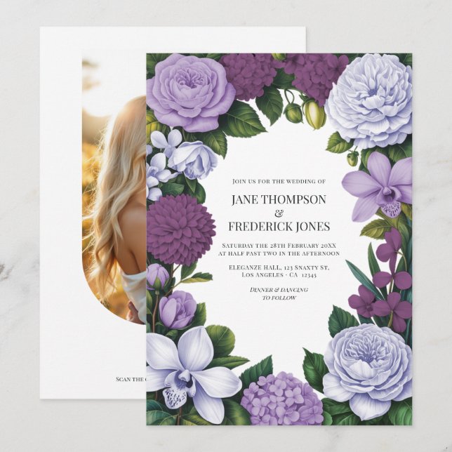 Lavendel, Mauve & Plommon Blommig Bröllopsinbjudan Inbjudningar (Fram/baksida)