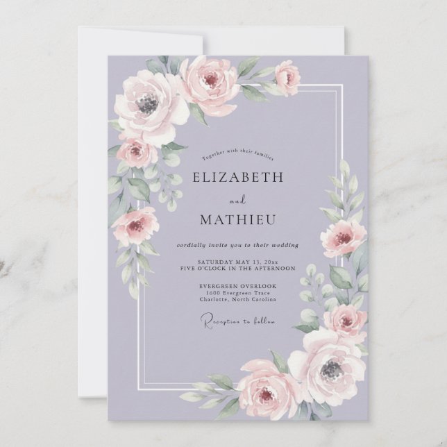 Lavendel Mauve Ranunculus Eucalyptus Bröllop Inbjudningar (Framsida)