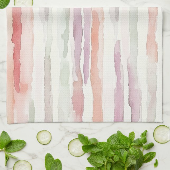 Lavendel Melon Rosa Vita Ränder   Kökshandduk (Vikta)