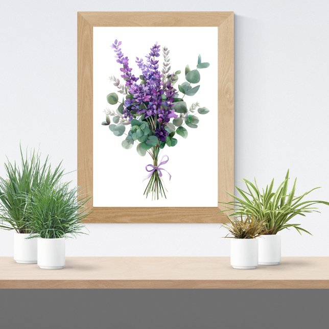 Lavendel och Eukalyptus Grönska Blommig Botanisk  Poster (Lavender Eucalyptus Watercolor Wall Art poster print)