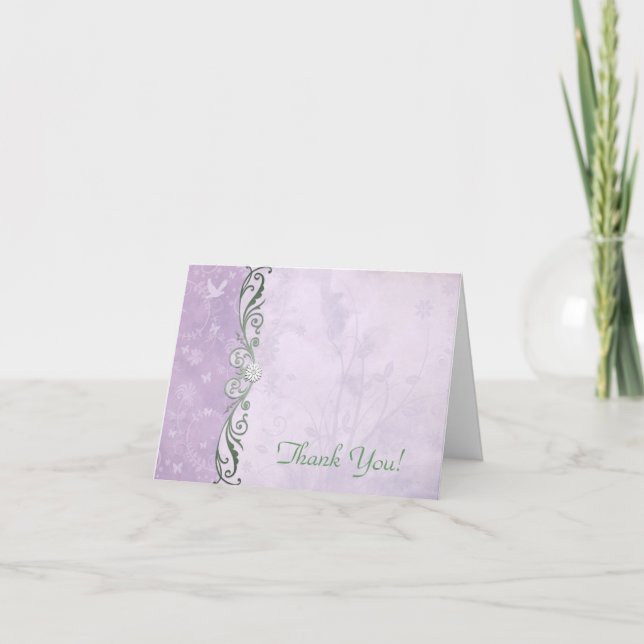 Lavendel och grön blomsterbröllop tack kort (Framsida)
