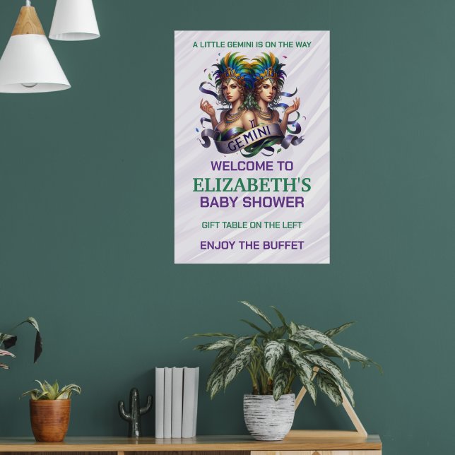 Lavendel och grön Gemini Zodiak Bebisens Förfest Poster (Vardagsrum 1)