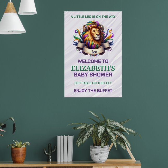 Lavendel och Grön Leo Zodiak Bebis Shower Poster (Vardagsrum 1)