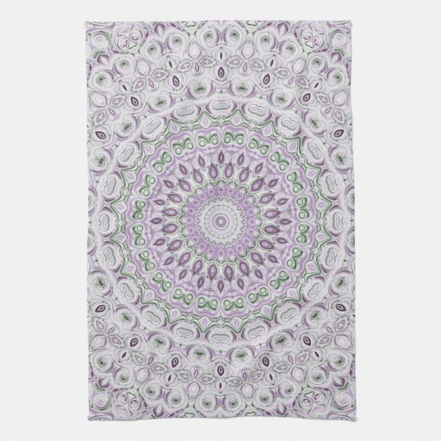 Lavendel och grön mandala mönsterdesign kökshandduk (Vertikal)