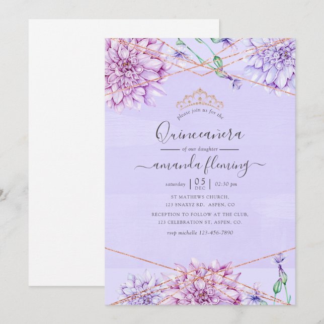 Lavendel och guld blomstergeometrisk Quinceañera Inbjudningar (Fram/baksida)