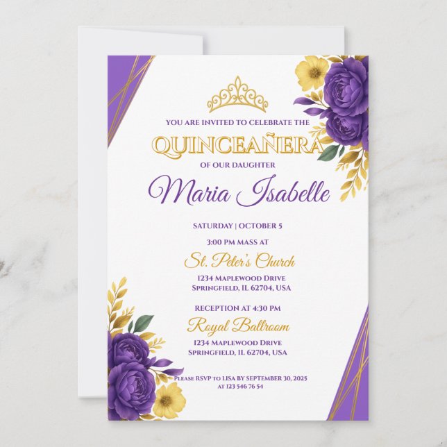 Lavendel och guld Quinceañera-inbjudan Inbjudningar (Framsida)