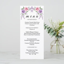 Lavendel och rosa ros Blommig bröllopsmeny Kort