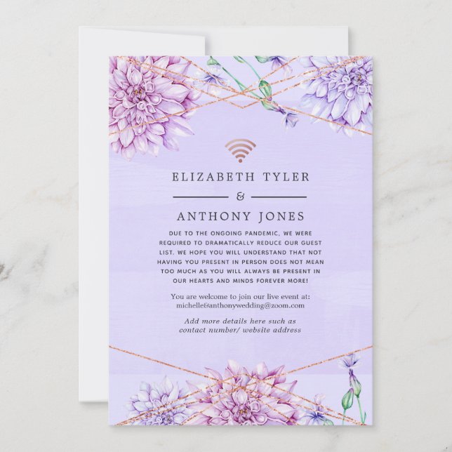Lavendel och roséguld blommande bröllopsgäster meddelande (Framsida)