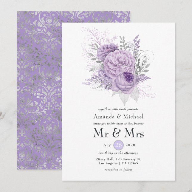 Lavendel och silver blombröllop inbjudningar (Fram/baksida)