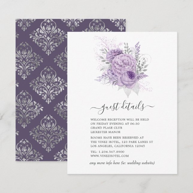 Lavendel och silver blommande bröllopsgäst detalje tilläggskort (Fram/baksida)