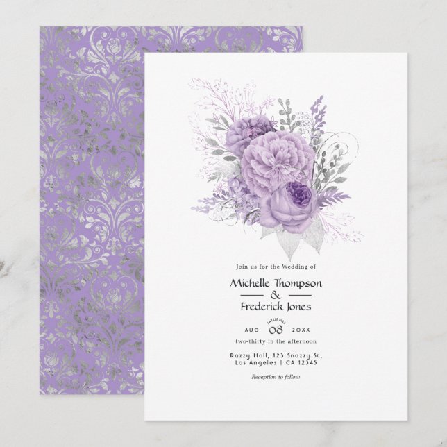 Lavendel och silver blomsterbröllop inbjudningar (Fram/baksida)