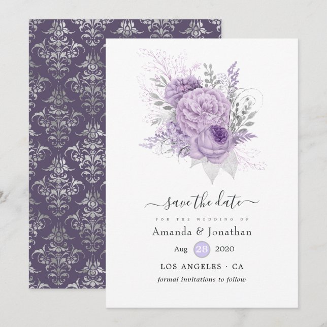 Lavendel och silver blomsterbröllop spara datumet (Fram/baksida)