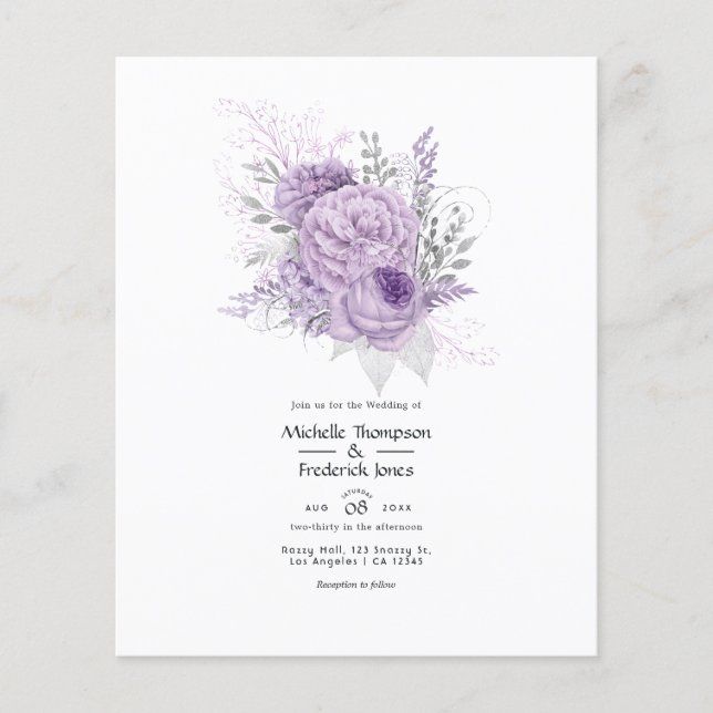 Lavendel och silver blomsterbröllopsinbjudan flygblad (Framsidan)