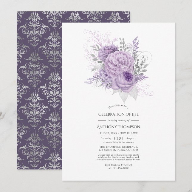 Lavendel och silver blomsterfirande av livet inbjudningar (Fram/baksida)