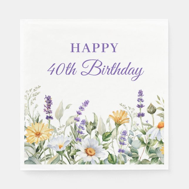 Lavendel och vilda blommor Glad 40-årsdag Pappersservett (Framsidan)
