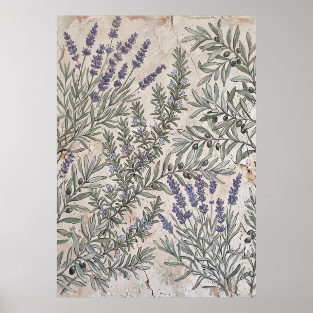 Lavendel Oliv Botanisk Mönster Affisch (Framsidan)