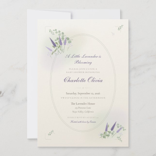 Lavendel örtlig baby shower inbjudan (Framsida)
