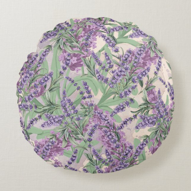 Lavendel överflöd Dammig lavendel Rustikalt blommi Rund Kudde (Framsidan)