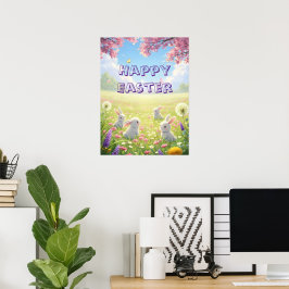 Lavendel Påsk Söt Vit Kanin Blommig Vår Poster