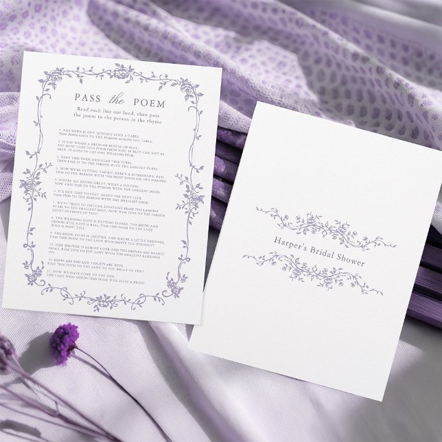 Lavendel 'Pass the Poem' Bröllopsfest-spel (Front & Back)