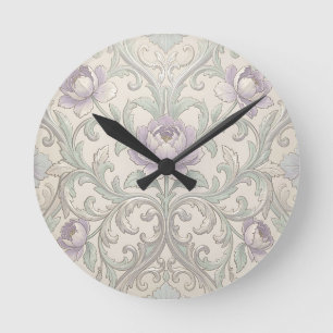 Lavendel Peony Silver Scroll Ornate Blommönster Rund Klocka