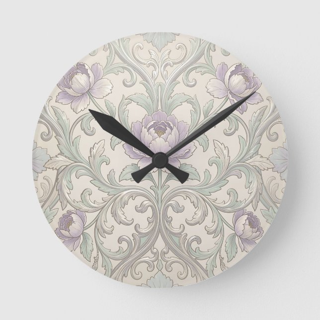 Lavendel Peony Silver Scroll Ornate Blommönster Rund Klocka (Framsida)