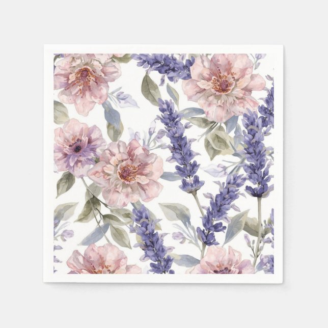 Lavendel Pion Vattenfärg Blommig Trädgård  Pappersservett (Framsidan)