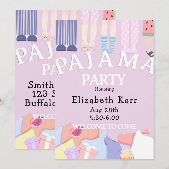 Lavendel Pyjamasparty Inbjudningar (Fram/baksida)