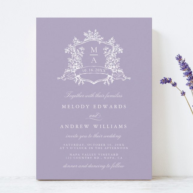Lavendel Romantisk Blommig Vapen Wedding Inbjudningar (Skapare uppladdad)