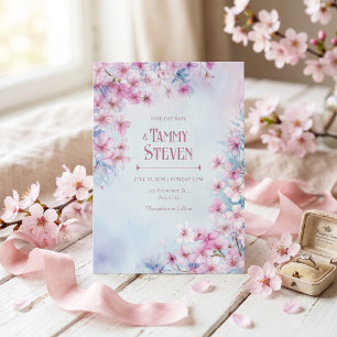 Lavendel Rosa Akrylmålning Sakura Kant Bröllop Inbjudningar