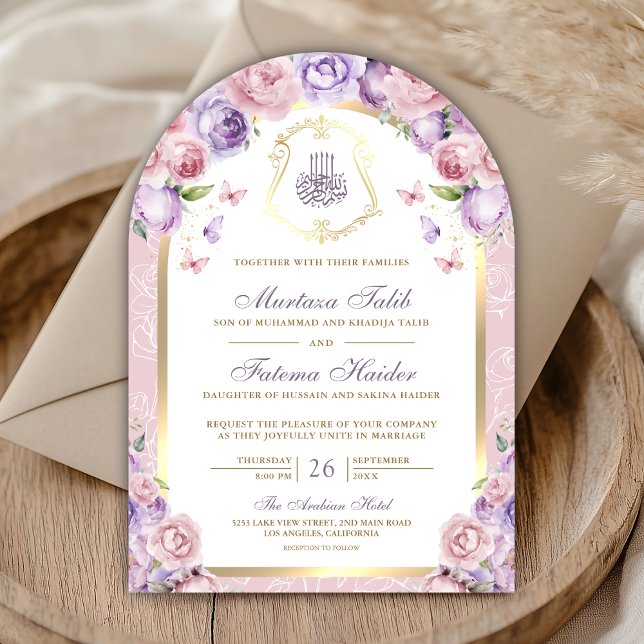 Lavendel Rosa Blommig Guld Båge Muslimsk Bröllop Inbjudningar (Skapare uppladdad)