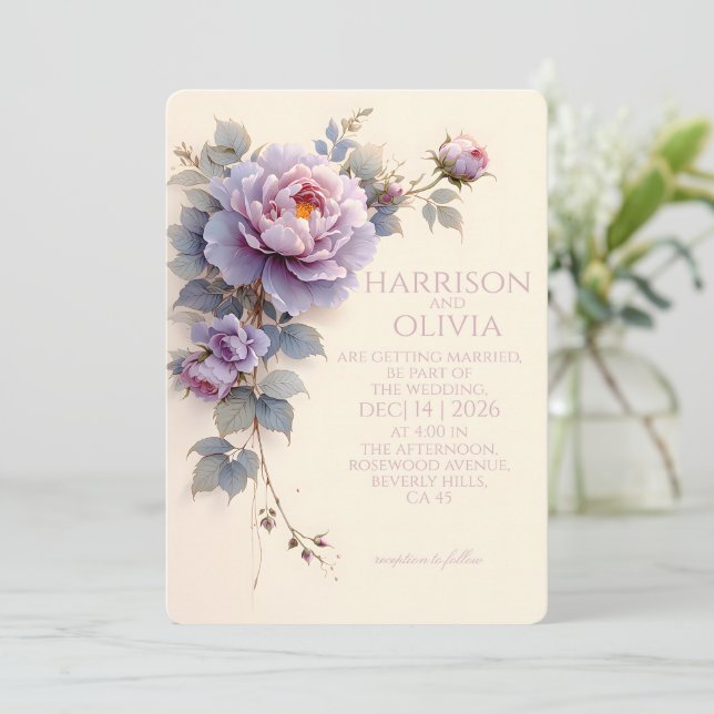 Lavendel-Rosa Pion Elegant Romantisk Bröllop Inbjudningar (Stående Fram)