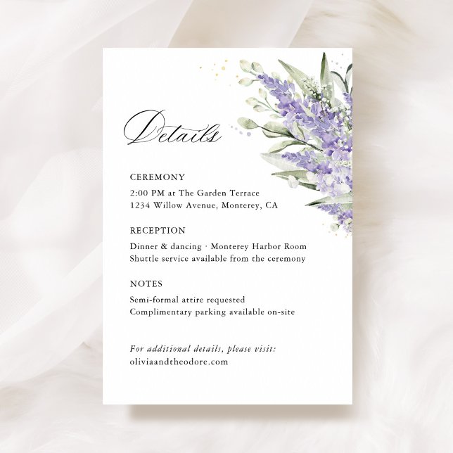 Lavendel Salvia Grön Blommig Bröllopsdetalj Tilläggskort (Lavender & sage green floral wedding details card with watercolor flower, elegant wedding stationery)