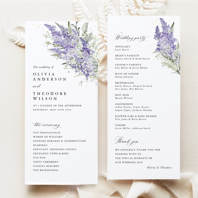 Lavendel & Salvia Grön Blommig Vigselceremoni Program (Lavender sage green floral wedding program cards with ceremony order and wedding party, watercolor)