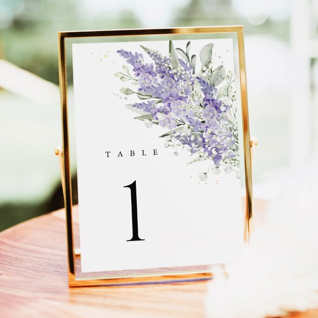 Lavendel Salvia Gröna Blommiga Bordskort för Bröll (Lavender sage green floral wedding table number card, watercolor lavender blooms, reception table)