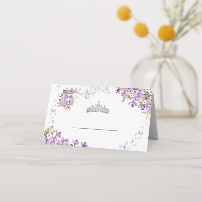 Lavendel Silver Blommig Tiara Fjäril Quinceañera Placeringskort (Framsida)