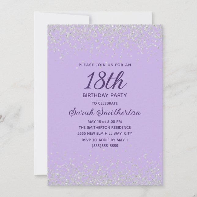 Lavendel Silver Diamant Glitter 18-årsdag Inbjudningar (Framsida)
