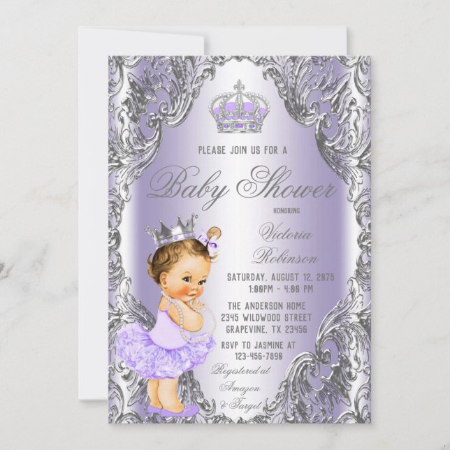 Lavendel Silver Prinsessa Bebis Shower Inbjudan (Framsida)