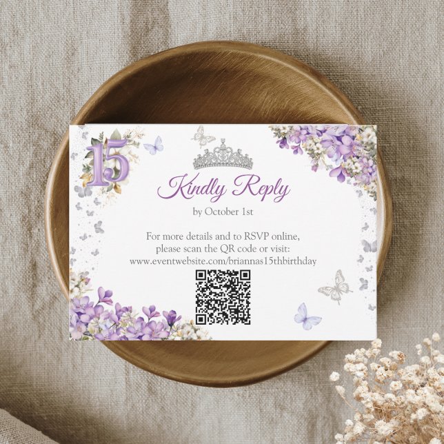 Lavendel Silver Tiara Blommig Fjäril Quinceañera OSA Kort (Skapare uppladdad)